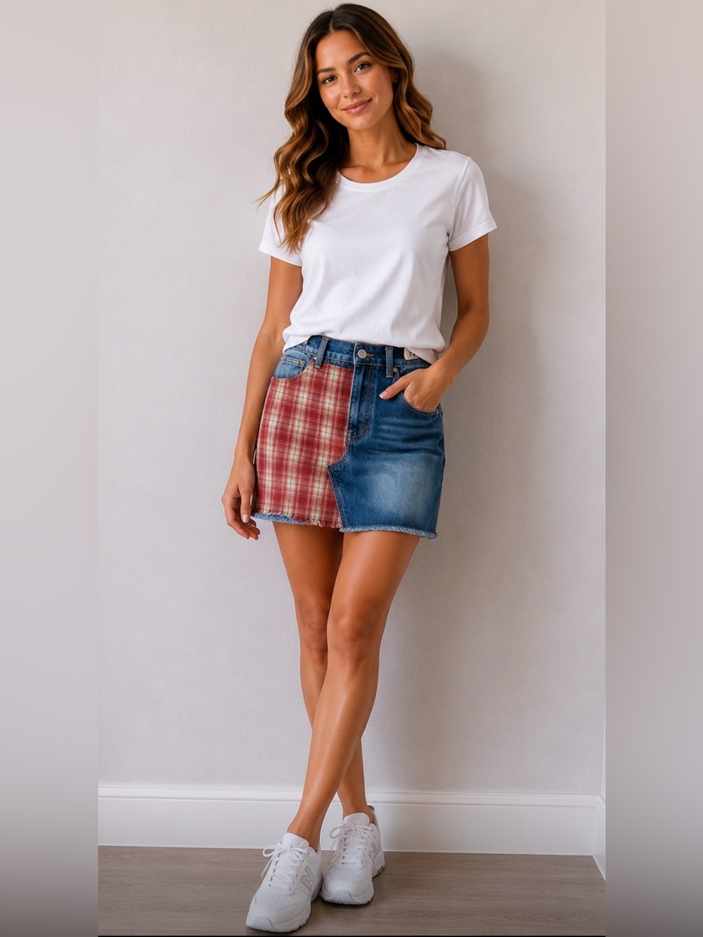 Easel western Red Plaid‎ and Blue Denim Mini Skirt medium